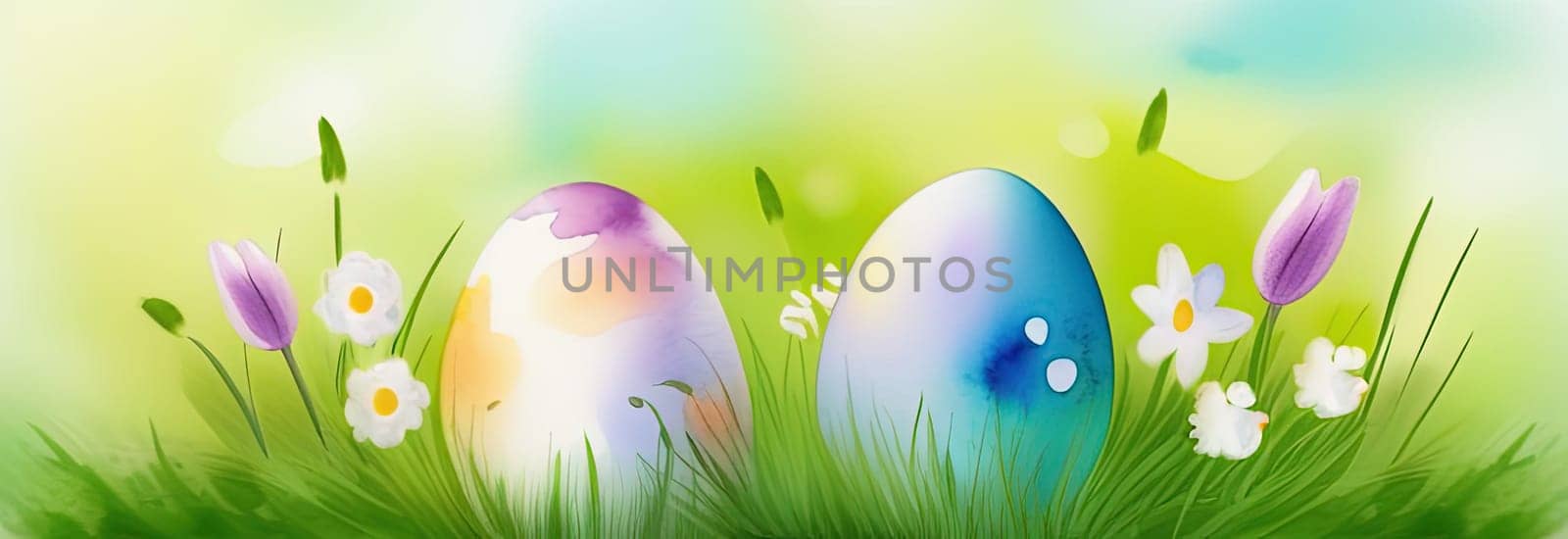 Holiday celebration banner with cute Easter decorated eggs and spring flowers on green spring meadow. Flowers in landscape. Happy Easter greeting card, banner, festive background.Copy space