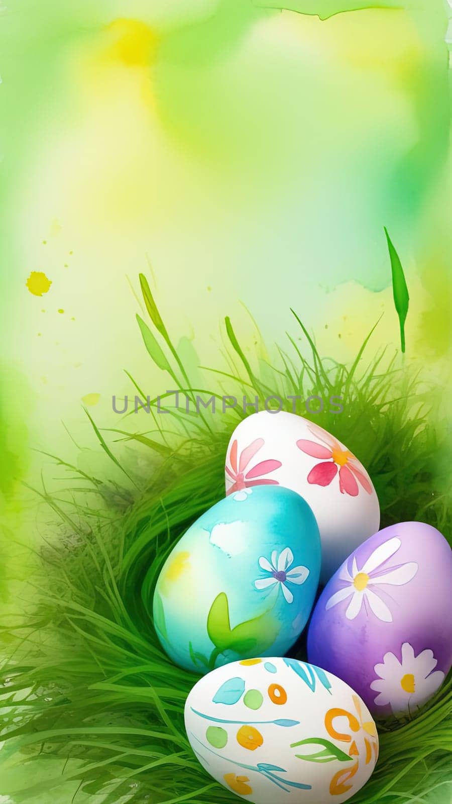 Holiday celebration banner with cute Easter decorated eggs and spring flowers on green spring meadow. Flowers in landscape. Happy Easter greeting card, banner, festive background.Copy space