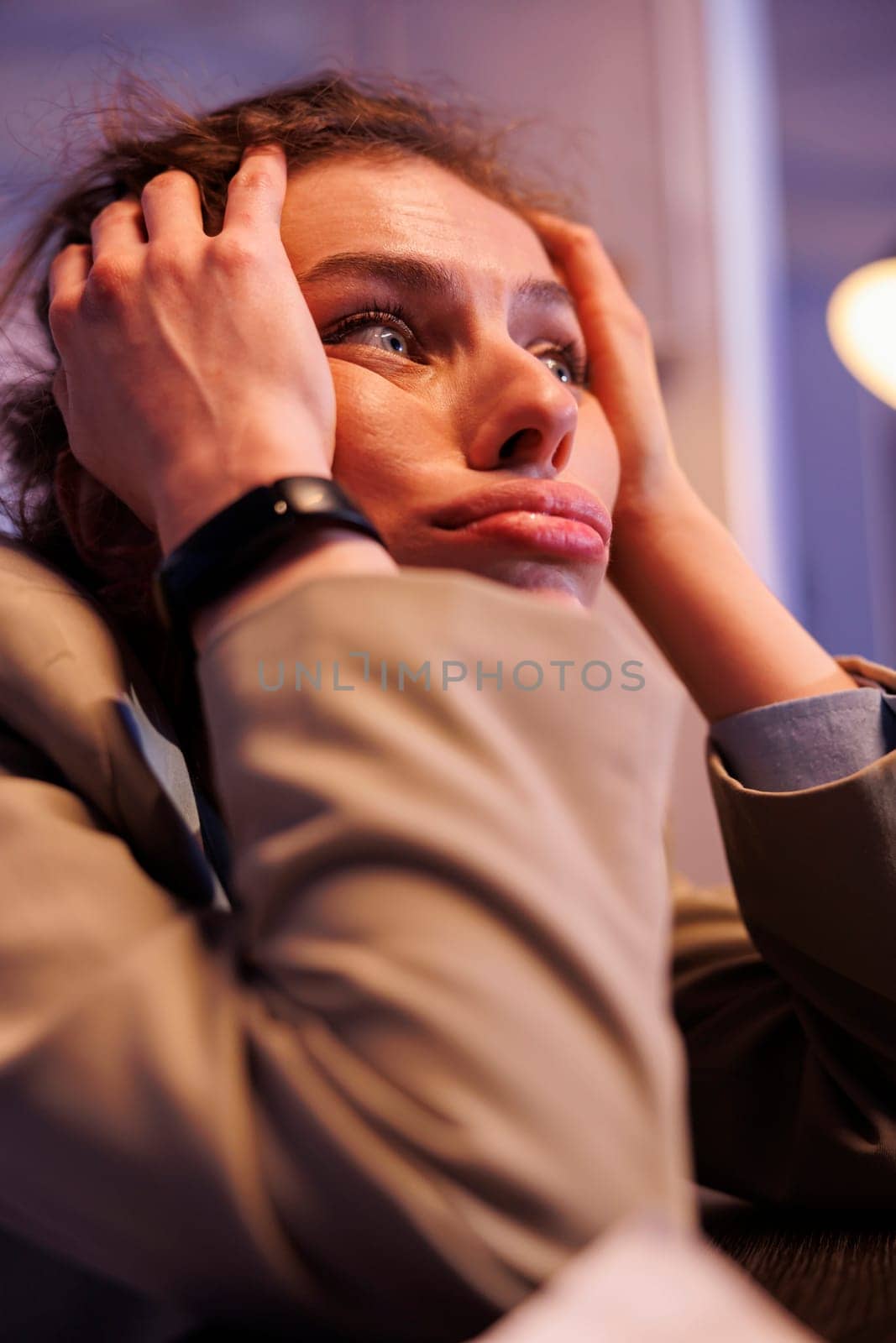 Tired overworked businesswoman brainstorming business ideas by DCStudio