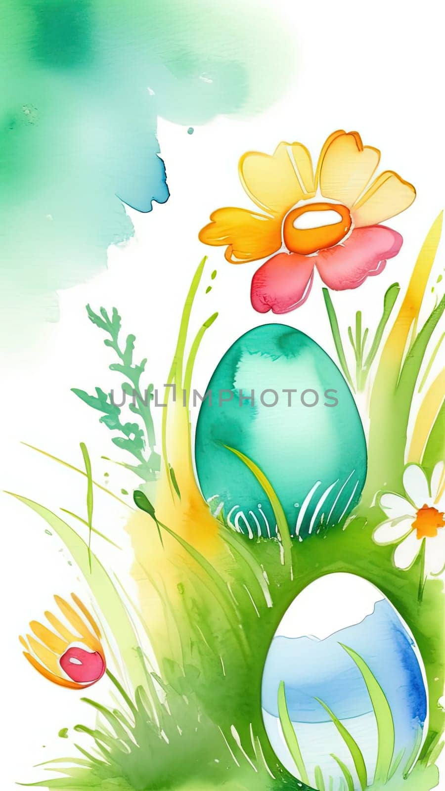 Holiday celebration banner with cute Easter decorated eggs and spring flowers on green spring meadow. Flowers in landscape. Happy Easter greeting card, banner, festive background.Copy space