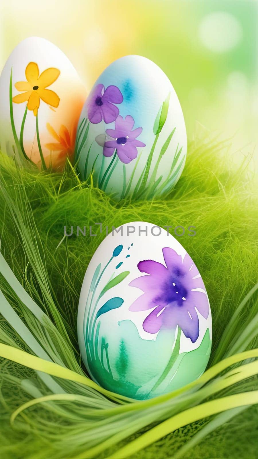 Holiday celebration banner with cute Easter decorated eggs and spring flowers on green spring meadow. Flowers in landscape. Happy Easter greeting card, banner, festive background.Copy space