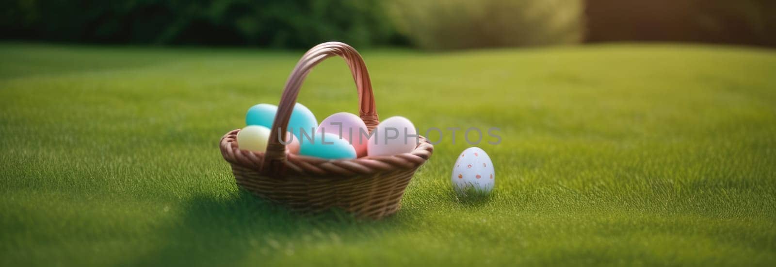 Holiday celebration banner with cute Easter decorated eggs in basket and spring flowers on green spring meadow. Flowers in landscape. Happy Easter greeting card, banner, festive background. Copy space