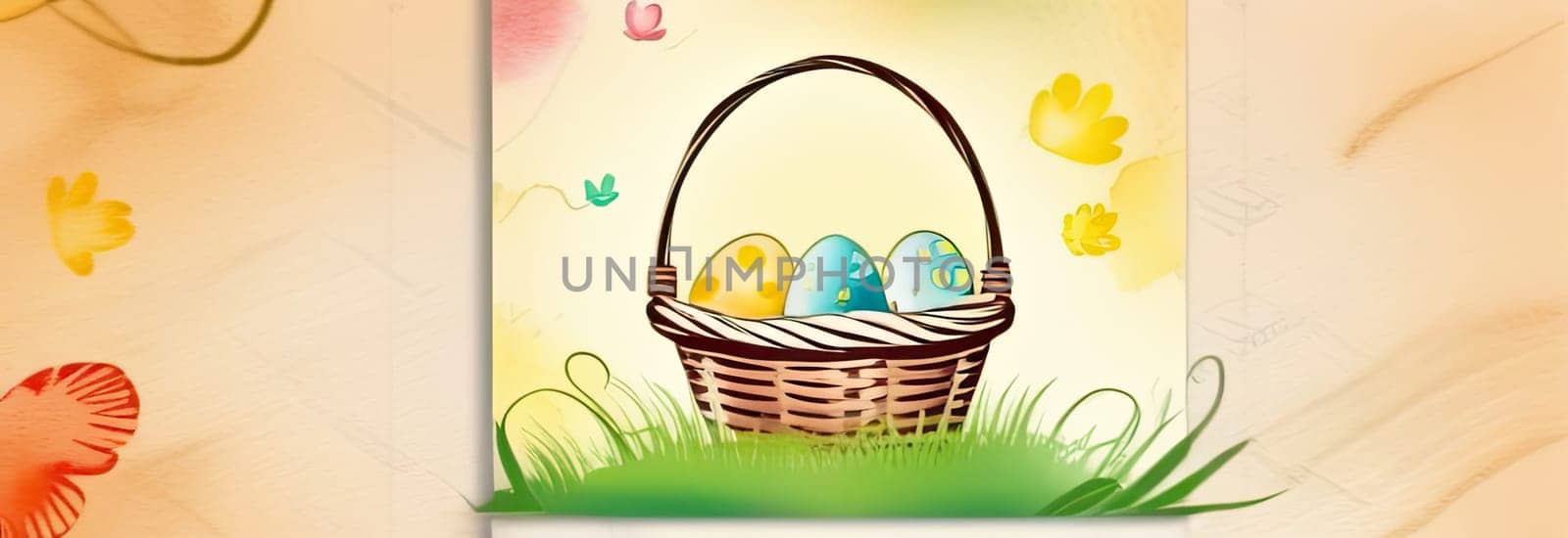 Holiday celebration banner with cute Easter decorated eggs in basket and spring flowers on green spring meadow. Flowers in landscape. Happy Easter greeting card, banner, festive background. Copy space