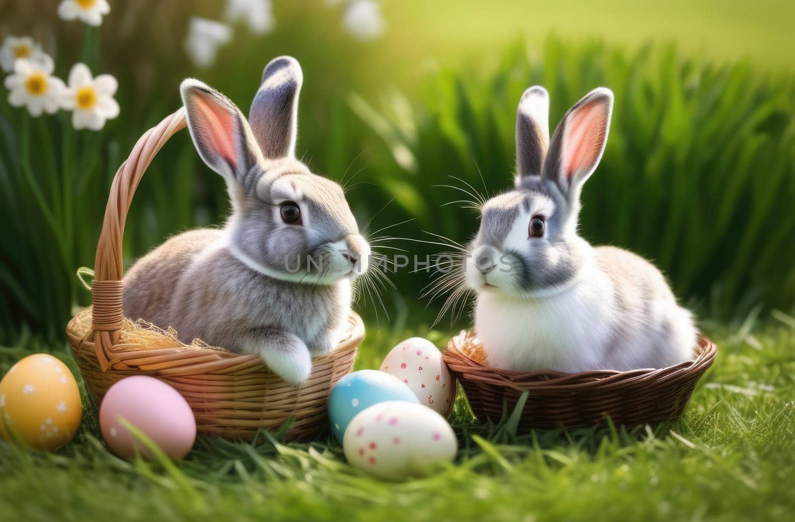 Holiday celebration banner with cute Easter bunny with decorated eggs and spring flowers on green spring meadow. Rabbit in landscape. Happy Easter greeting card, banner, festive background. Copy space