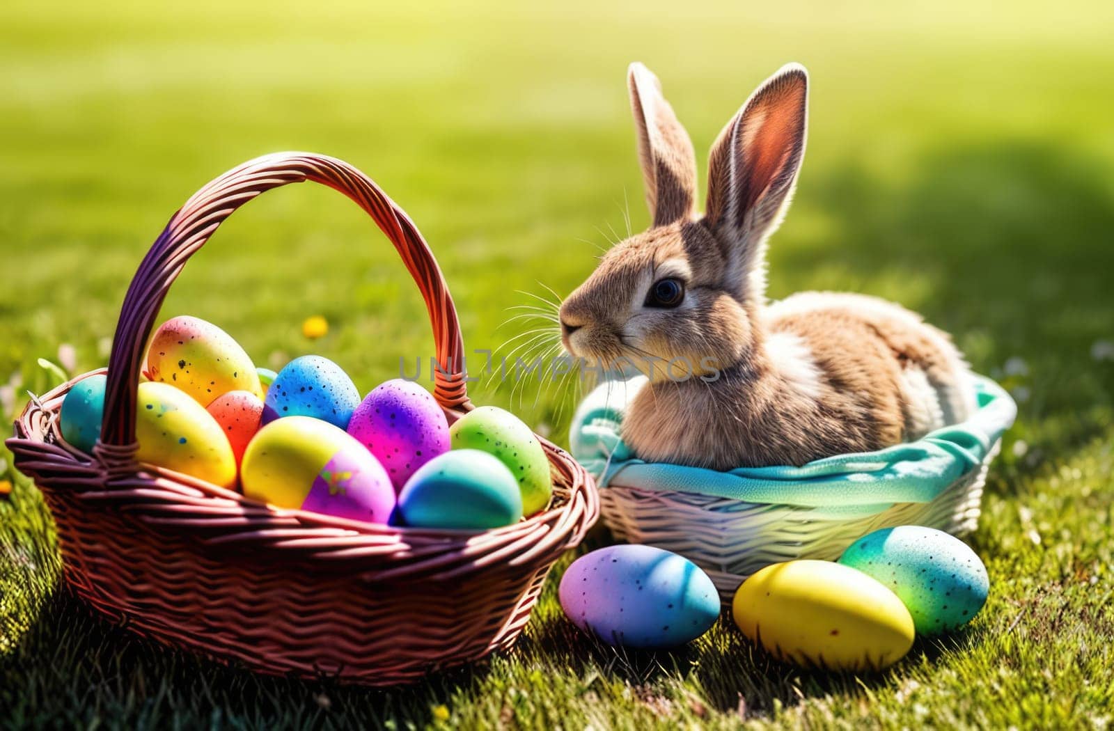 Holiday celebration banner with cute Easter bunny with decorated eggs and spring flowers on green spring meadow. Rabbit in landscape. Happy Easter greeting card, banner, festive background. Copy space