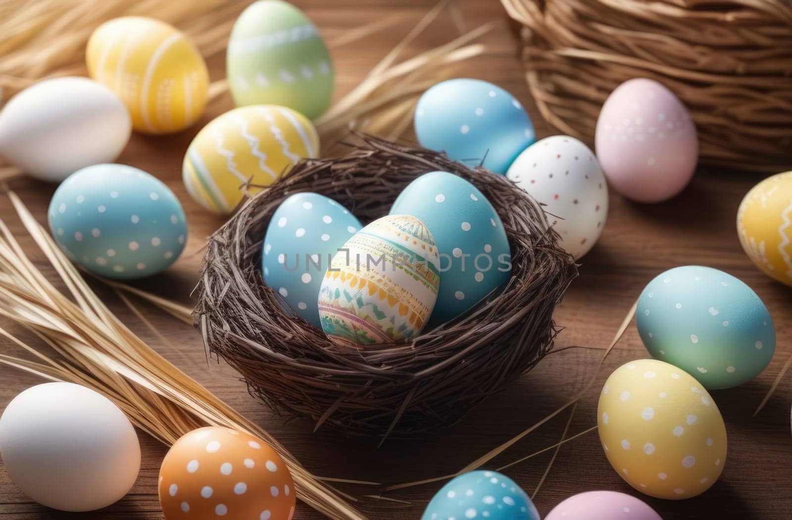 Holiday celebration banner with cute Easter decorated eggs in basket on wooden table. Colorful eggs. Happy Easter greeting card, banner, invitation, festive background, posters wallpaper. Copy space