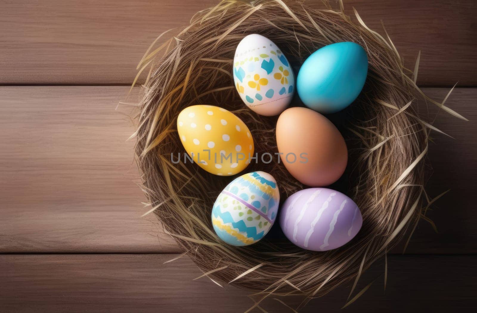 Holiday celebration banner with cute Easter decorated eggs in basket on wooden table. Colorful eggs. Happy Easter greeting card, banner, invitation, festive background, posters wallpaper. Copy space