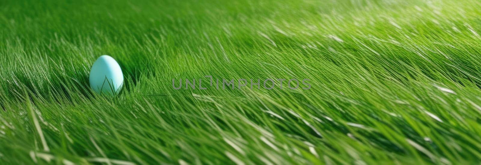 Holiday celebration banner with cute Easter decorated eggs and spring flowers on green spring meadow. Flowers in landscape. Happy Easter greeting card, banner, festive background.Copy space