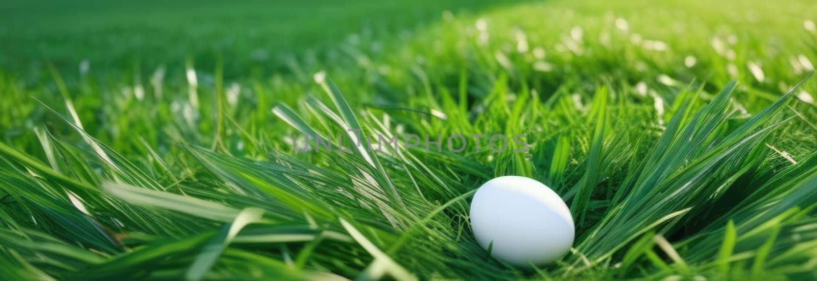 Holiday celebration banner with cute Easter decorated eggs and spring flowers on green spring meadow. Flowers in landscape. Happy Easter greeting card, banner, festive background.Copy space