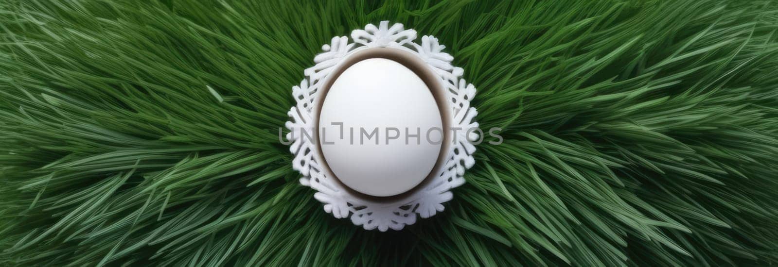 Holiday celebration banner with cute Easter decorated eggs and spring flowers on green spring meadow. Flowers in landscape. Happy Easter greeting card, banner, festive background.Copy space