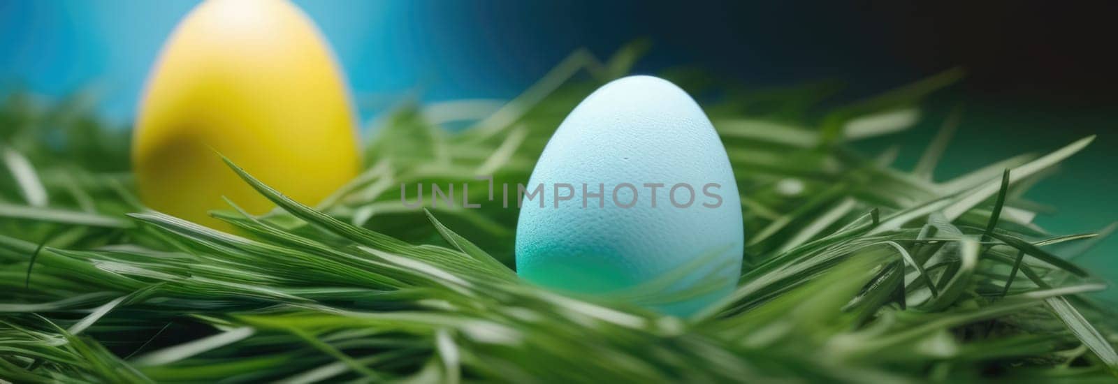 Holiday celebration banner with cute Easter decorated eggs and spring flowers on green spring meadow. Flowers in landscape. Happy Easter greeting card, banner, festive background.Copy space