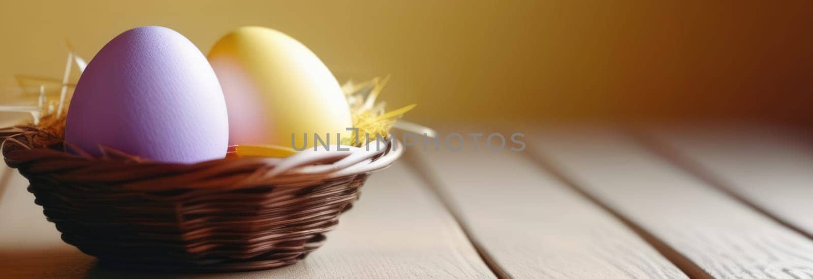 Holiday celebration banner with cute Easter decorated eggs in basket on wooden table. Colorful eggs. Happy Easter greeting card, banner, invitation, festive background, posters wallpaper. Copy space
