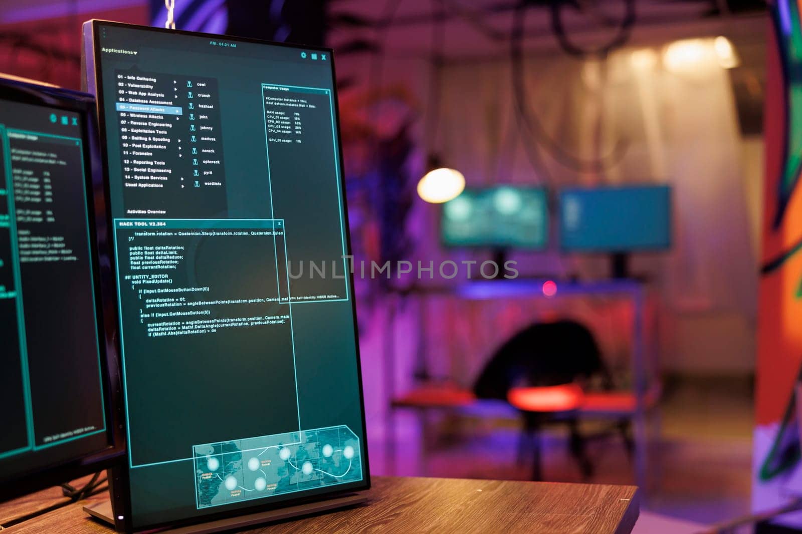 Multiple windows with internet virus software and ransomware running code on computer screens. Server breaking and data breaching malware on monitors in hacker hideout workspace at night time