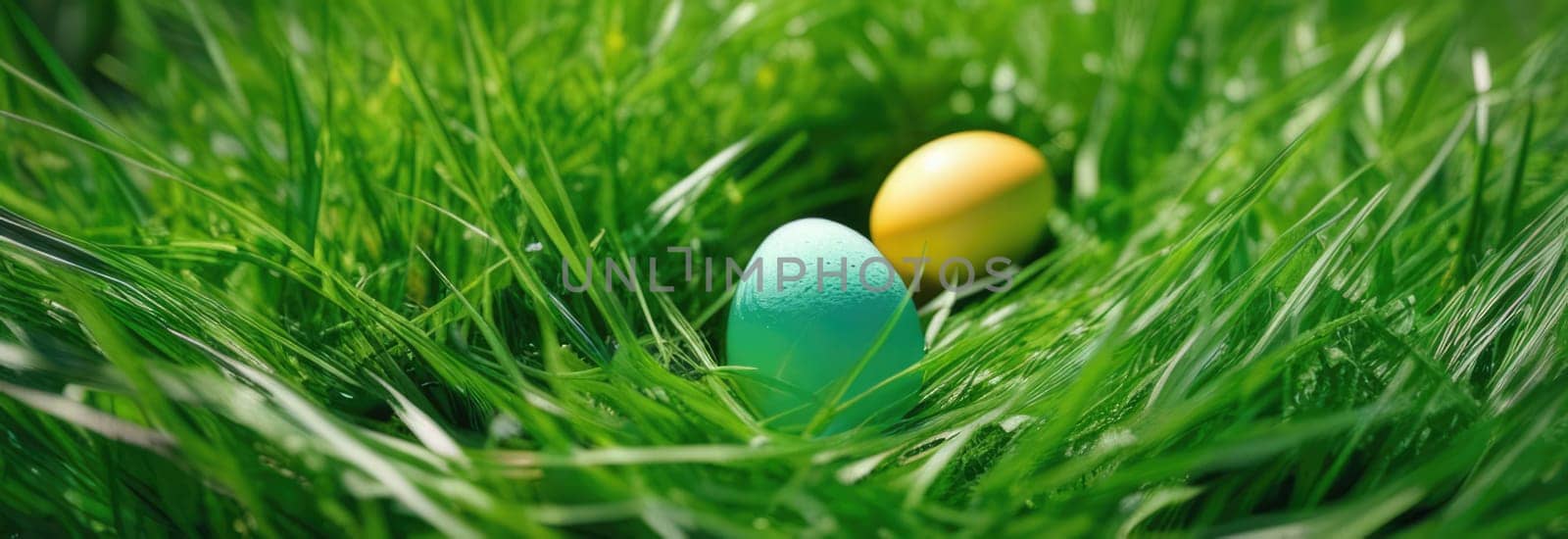 Holiday celebration banner with cute Easter decorated eggs and spring flowers on green spring meadow. Flowers in landscape. Happy Easter greeting card, banner, festive background.Copy space