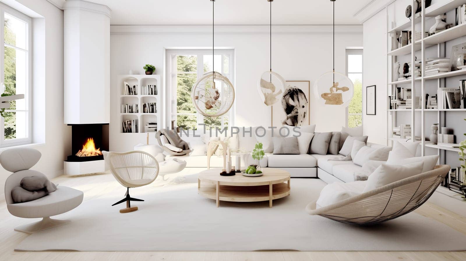 A cozy living room with large windows, a round table and a fireplace by chrisroll