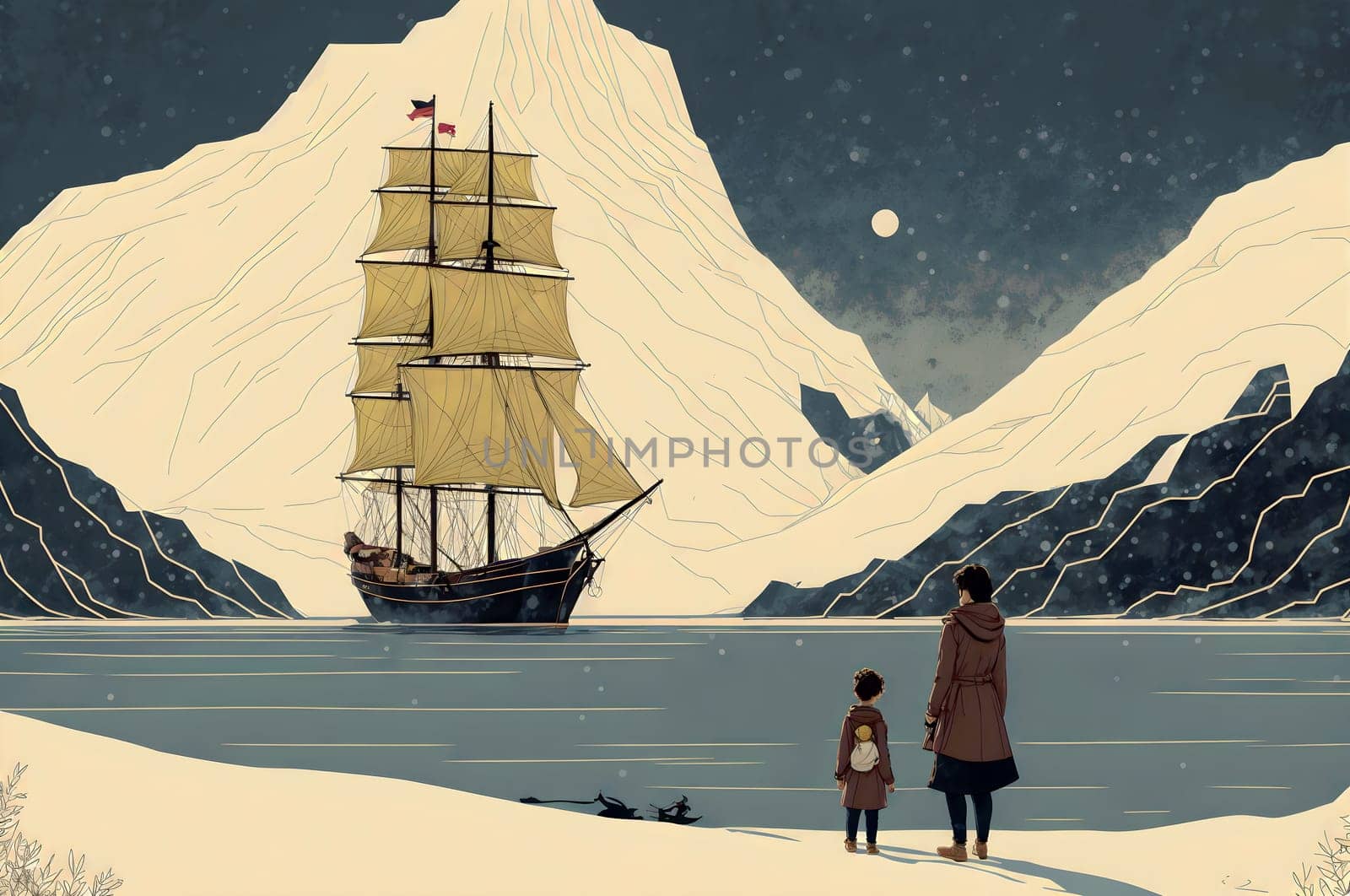 An illustration of a mother and child gazing at a sailing ship in a snowy arctic landscape