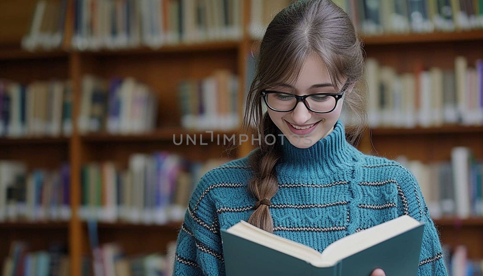 A smart girl is reading a book in the library. High quality photo