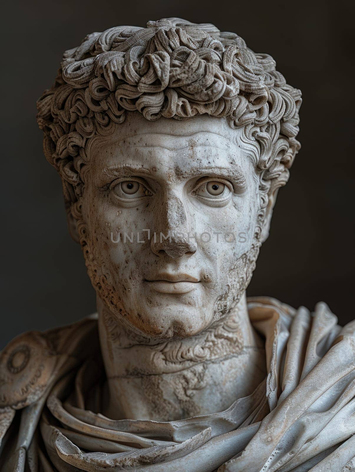 Detailed view of an antique statue depicting a man with curly hair, showcasing intricate craftsmanship.