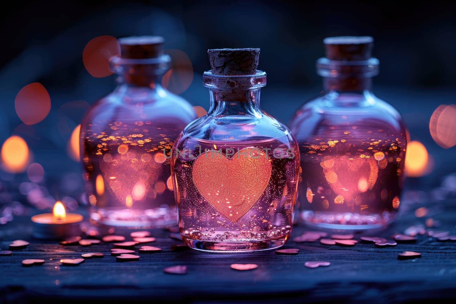 Close-up of two potion bottles adorned with heart symbols, radiating a magical and romantic aura.
