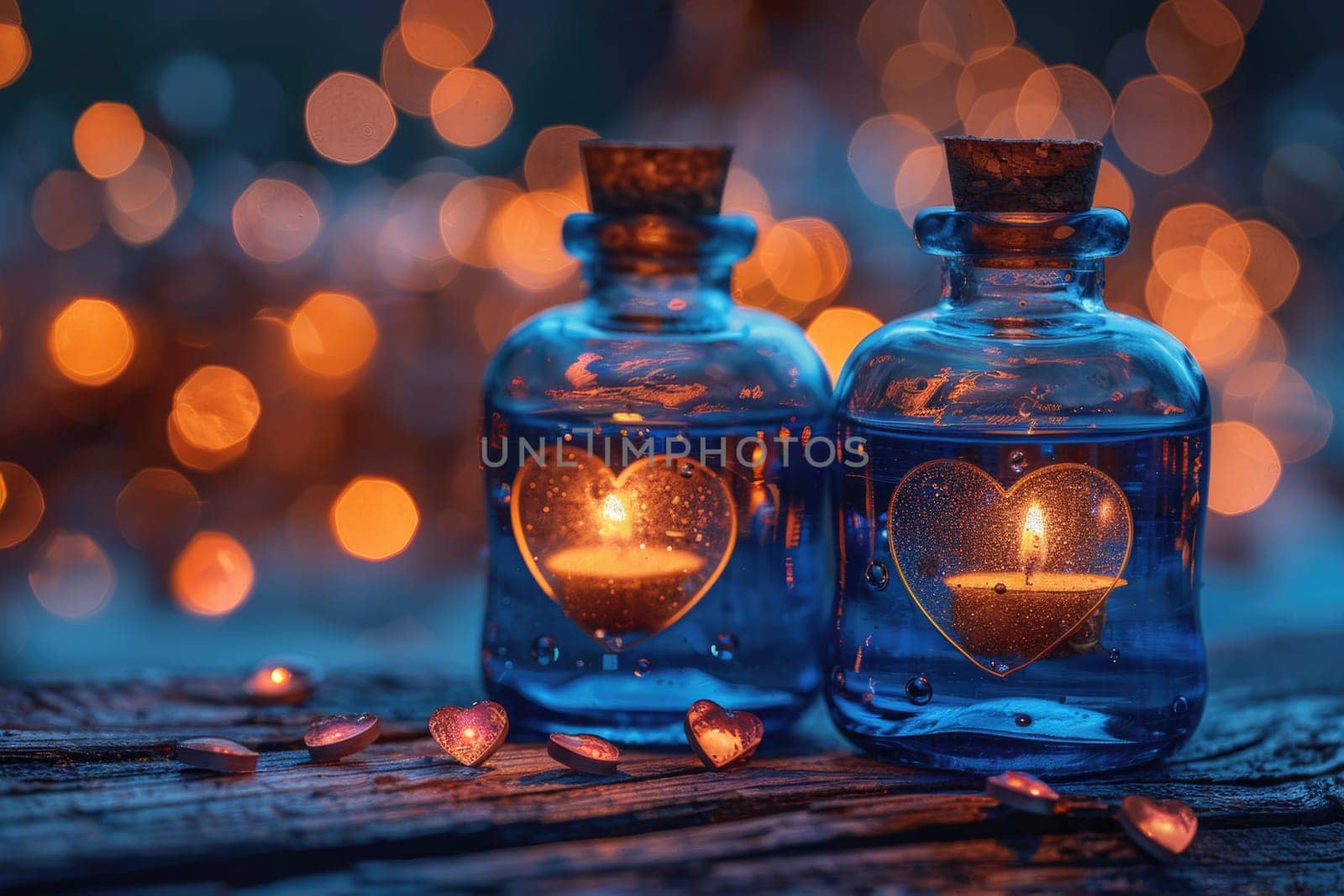 Close-up of potion bottles filled with candles, emitting a warm glow.