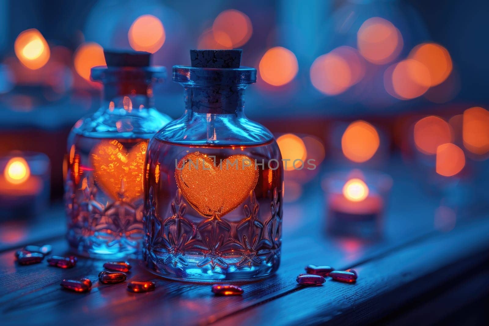 Two bottles resting on a table, one with heart designs and the other with a magical theme, hinting at love and enchantment.