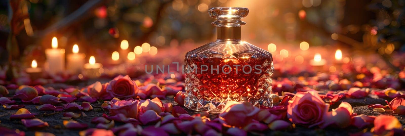 A vintage glass decanter filled with red liquid placed on a bed of colorful flowers in bloom.
