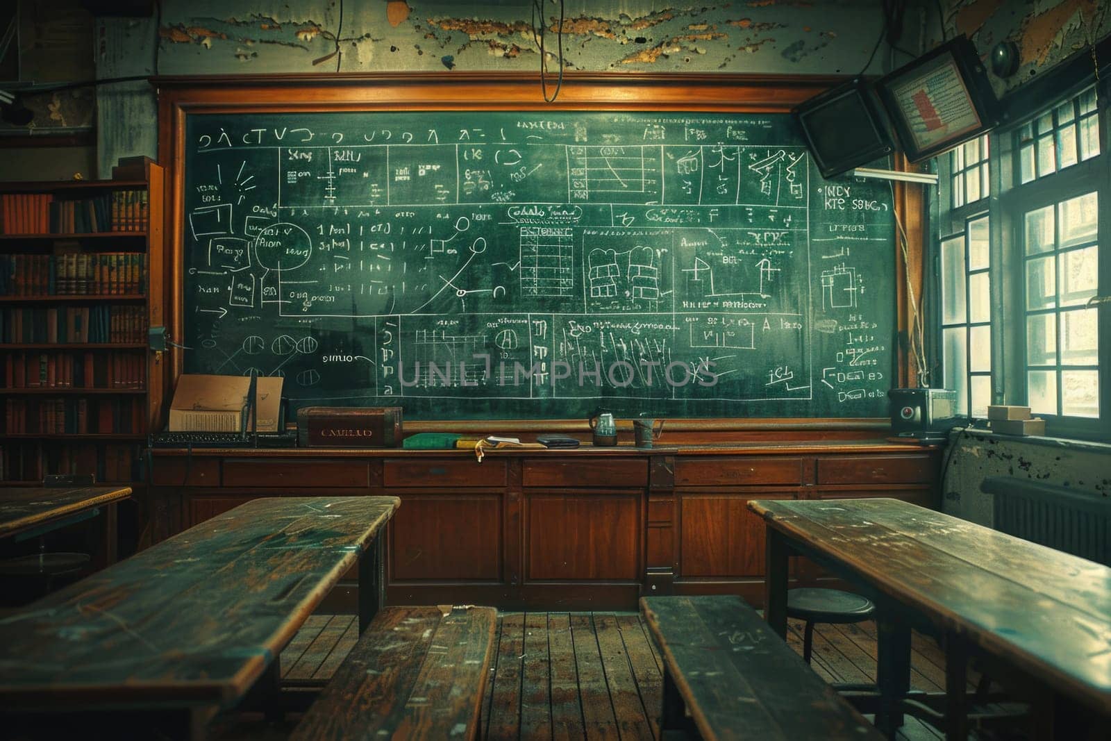 View of an empty classroom with a chalkboard at the front and wooden tables.