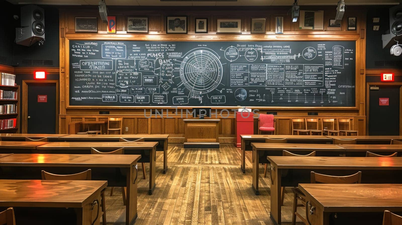 A detailed view of an empty classroom setting with a chalkboard at the front and wooden desks arranged neatly in rows.