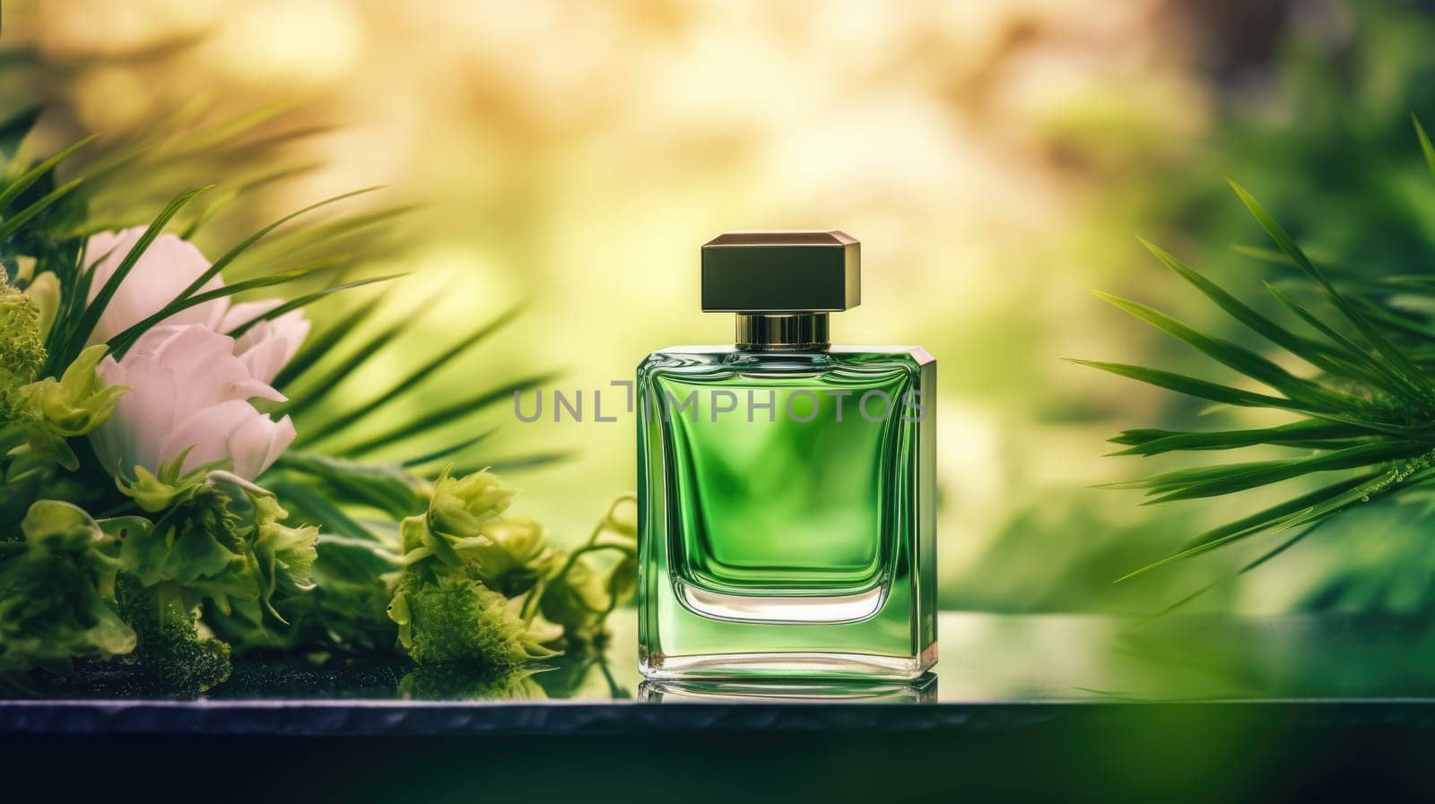 Transparent green glass perfume bottle mockup with plants on background. Eau de toilette. Mockup, spring flat lay