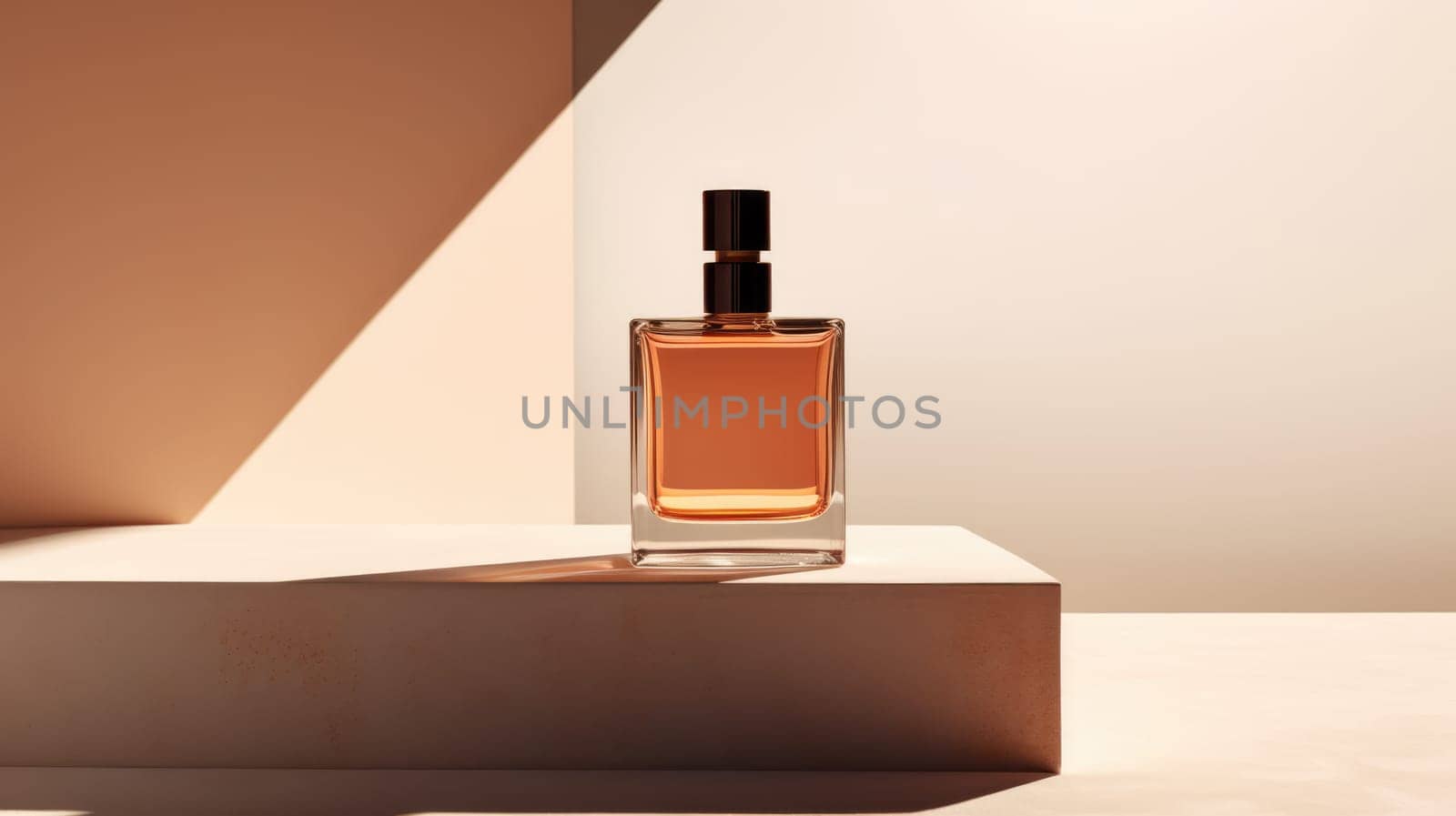 Transparent brown glass perfume bottle mockup on pedestal with minimalist background. Eau de toilette. Mockup, spring flat lay