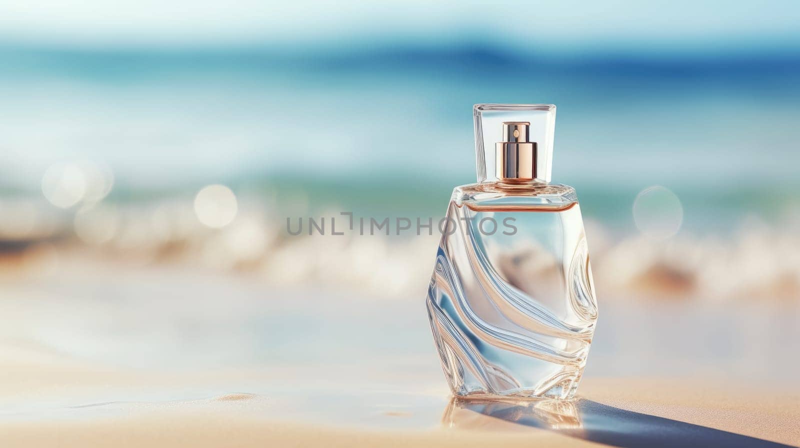 Transparent white glass perfume bottle mockup with sandy beach and ocean waves on background. Eau de toilette. Mockup, spring flat lay. by JuliaDorian