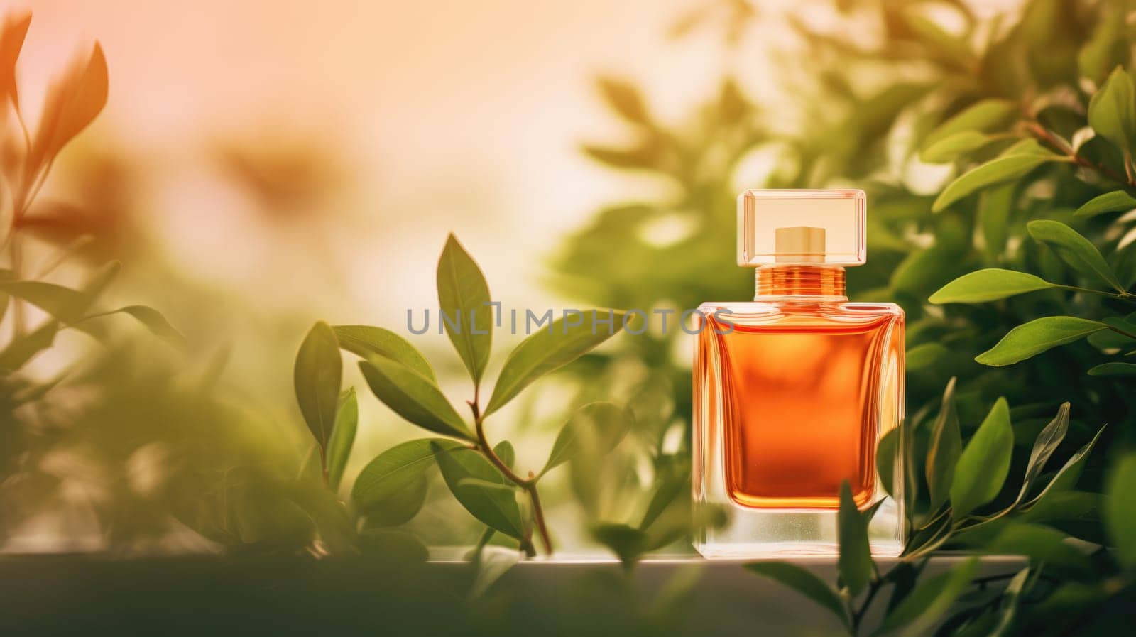 Transparent orange glass perfume bottle mockup with plants on background. Eau de toilette. Mockup, spring flat lay