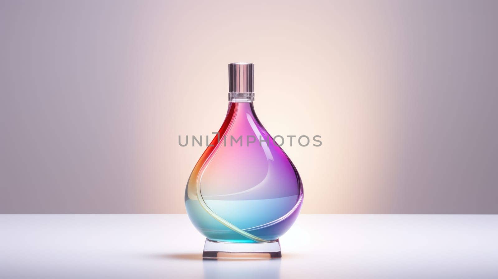 Transparent rainbow glass perfume bottle mockup on pedestal with minimalist background. Eau de toilette. Mockup, spring flat lay