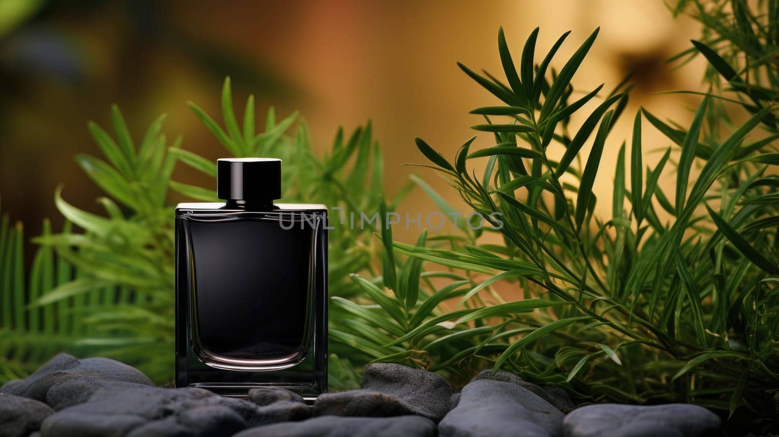 Transparent black glass perfume bottle mockup with plants on background. Eau de toilette. Mockup, spring flat lay. by JuliaDorian