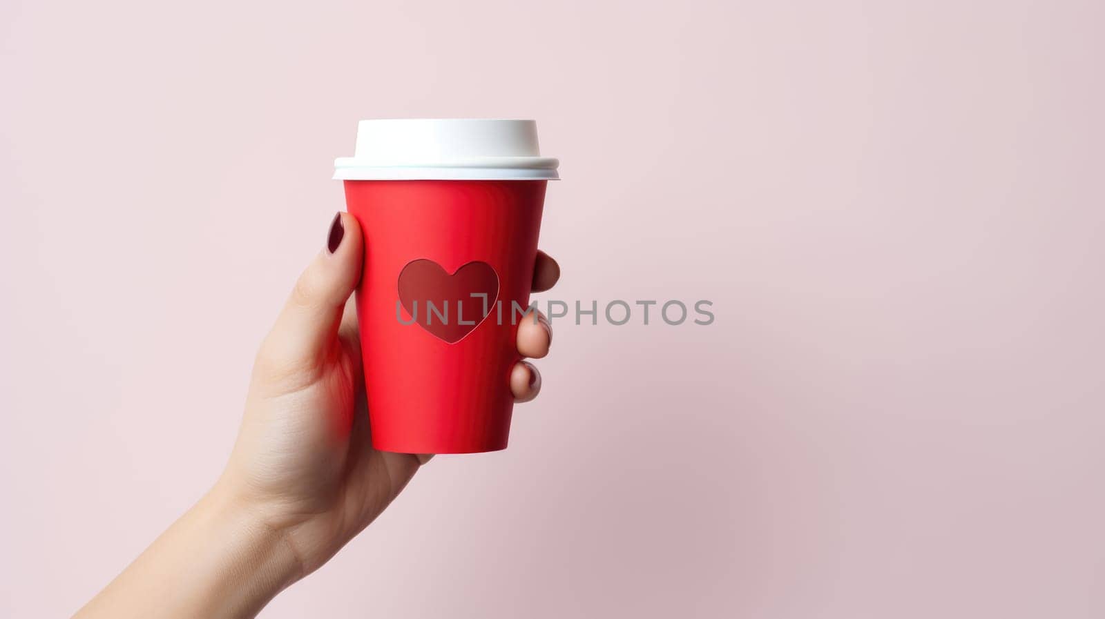 Hand holding red disposable take out coffee cup with red heart on white background. Mockup for Valentine's Day