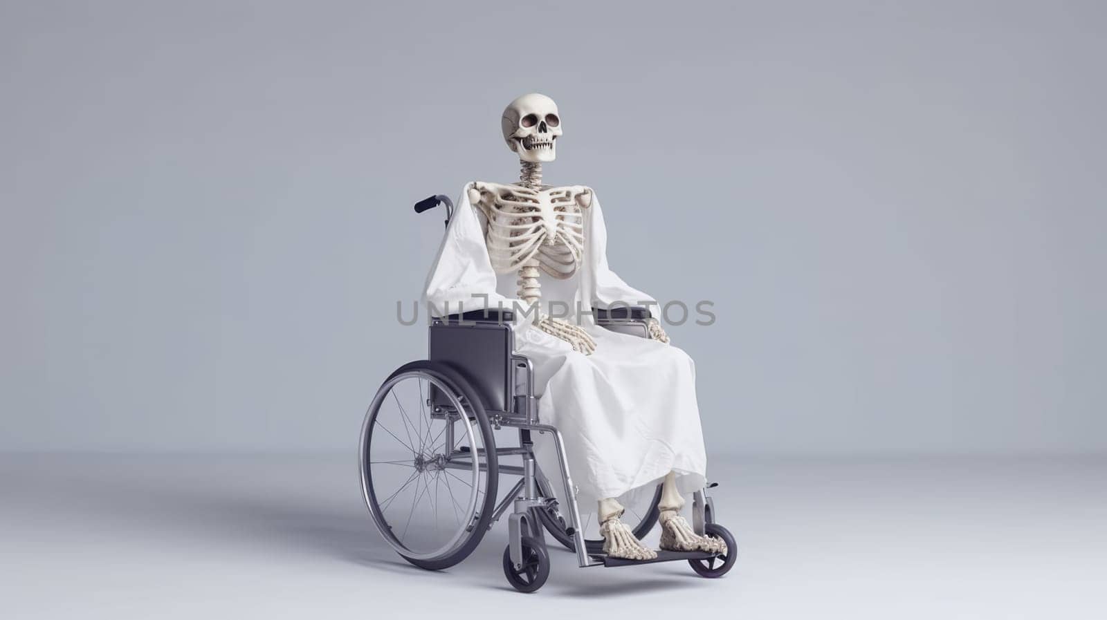Human skeleton in medical wheelchair for invalid patient on white empty background. Hospital health care support.