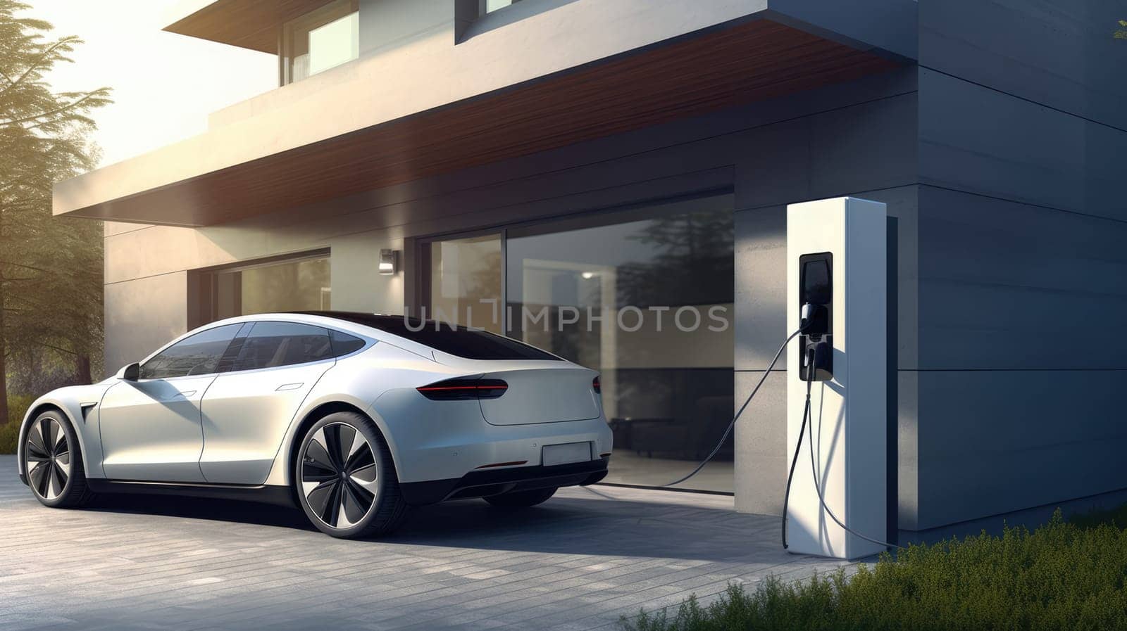 Generic electric vehicle EV hybrid car is being charged from wall charger on contemporary modern residential building house by JuliaDorian