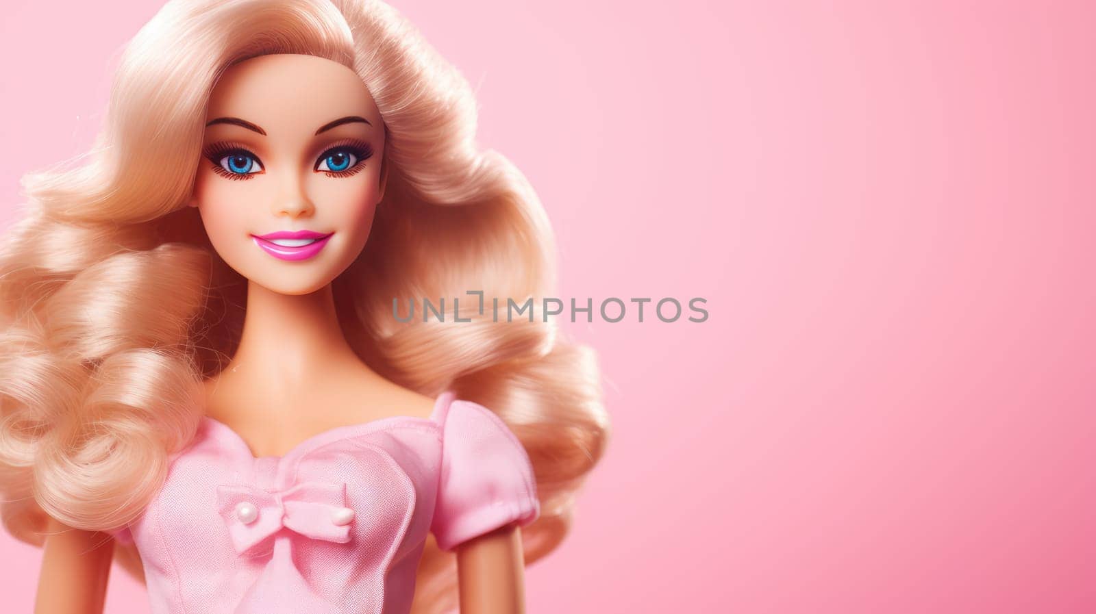 Portrait of smiling blonde doll in pink dress on pink background