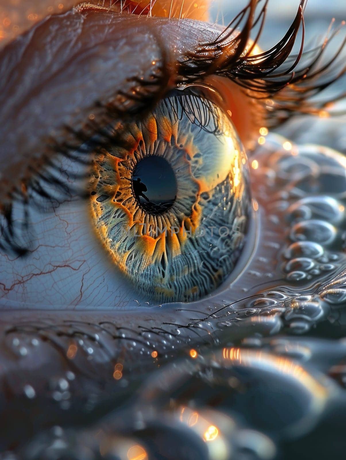 A detailed view of a persons blue eye in close-up, showcasing intricate details and patterns.