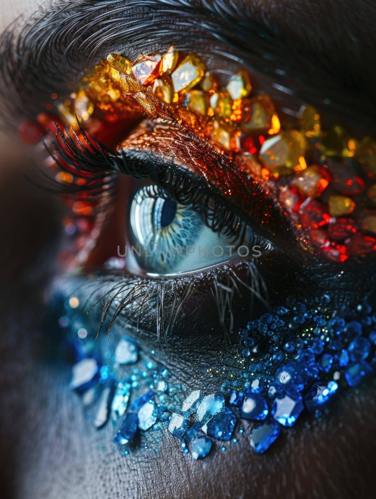 A close-up portrait showcasing a persons eye adorned with vibrant and colorful makeup, highlighting intricate details and artistic creativity.