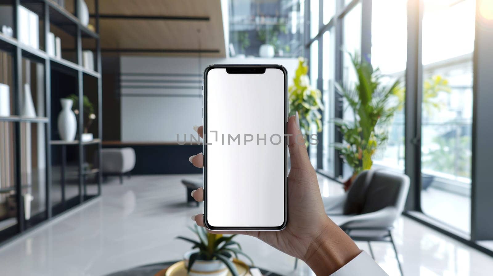 Hands on mobile phone, on screen there is a blank white, in office. Generative AI.
