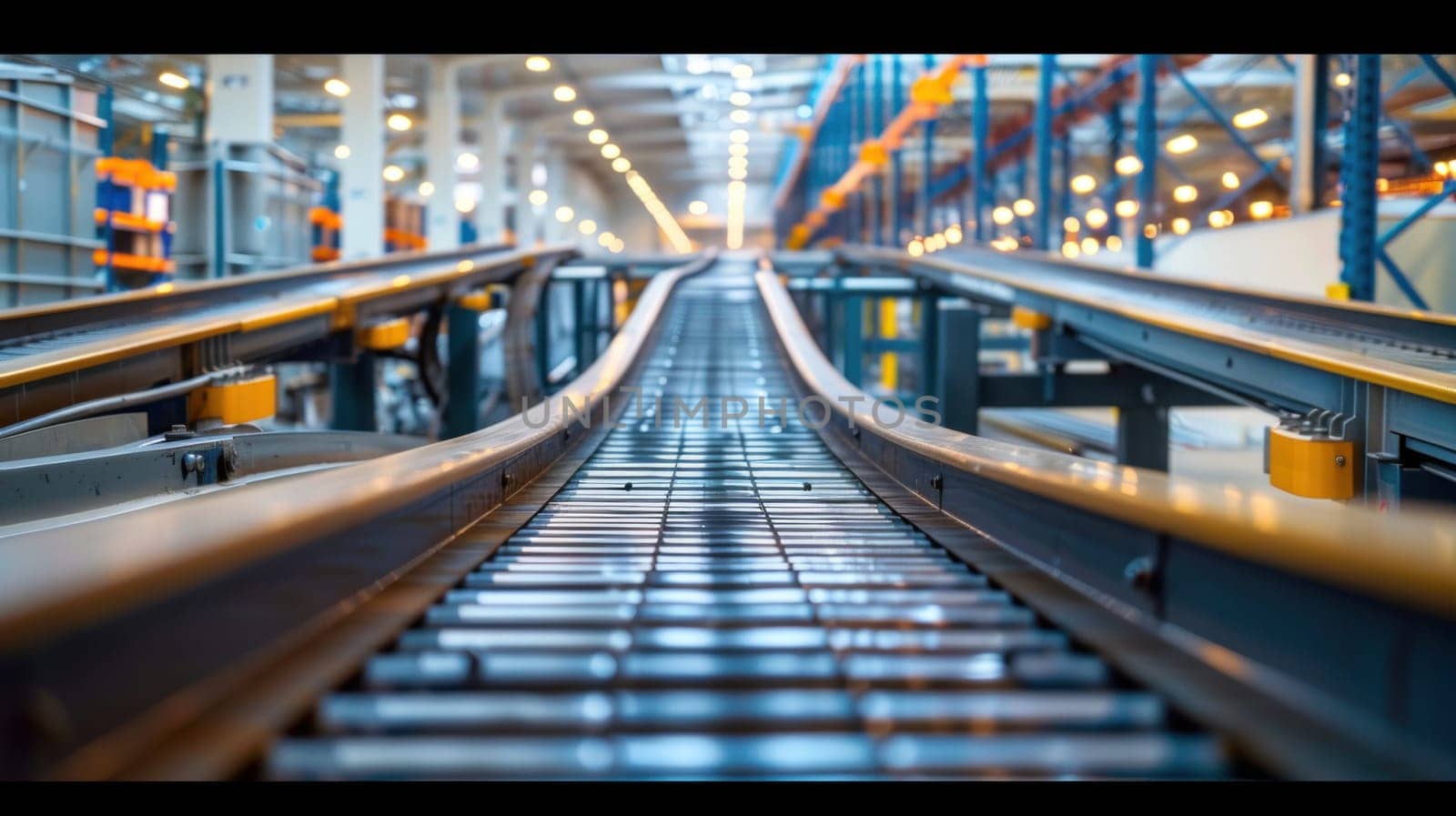 Empty Conveyor belt in distribution center. Generative AI.