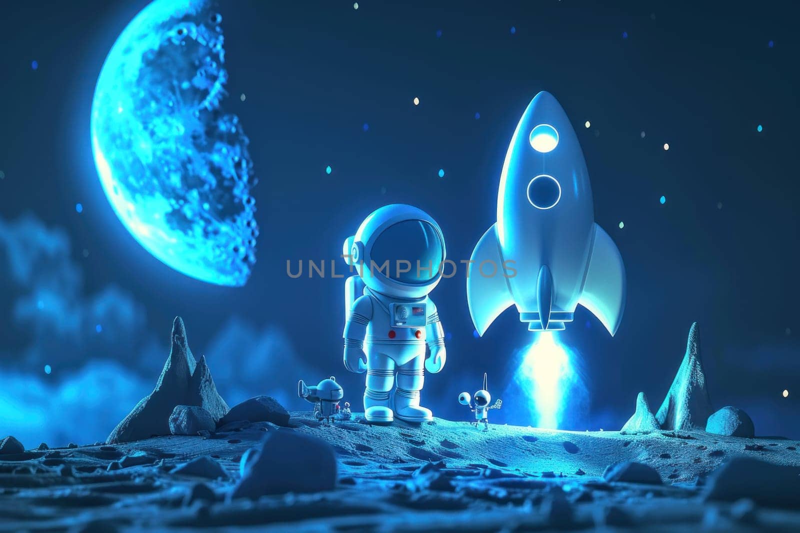 3d cartoon of astronaut and rocket with moon. Generative AI.