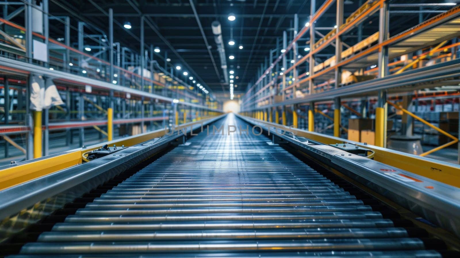 Empty Conveyor belt in distribution center. Generative AI by golfmerrymaker