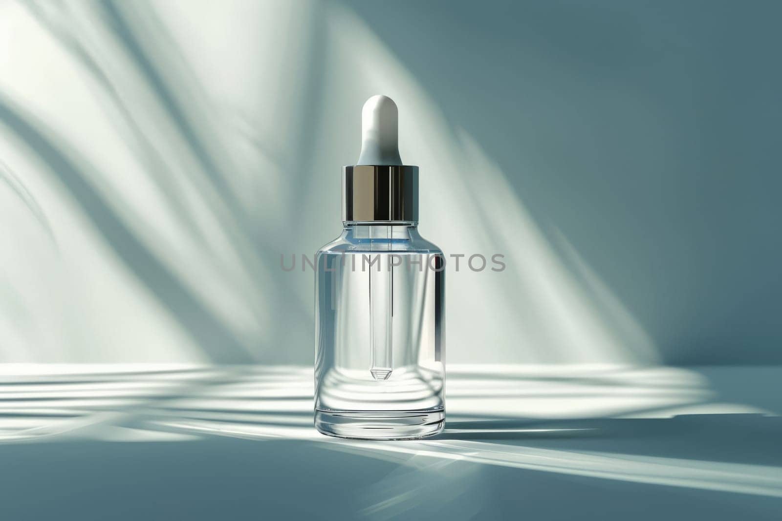 Stylish Cosmetic serum mockup, Glass bottle with pipette dispenser, clear liquid, water splashes. Generative AI by matamnad