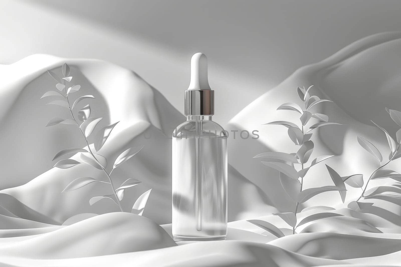 Stylish Cosmetic serum mockup, Glass bottle with pipette dispenser, clear liquid, water splashes. Generative AI.
