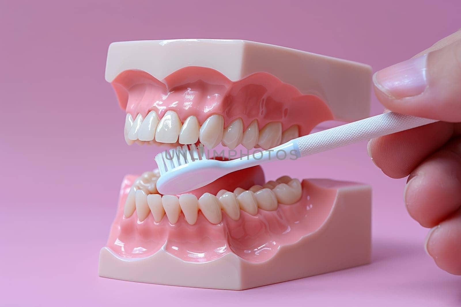 Dental jaw model with brush a concept of oral hygiene in a clean surface, Generative AI..