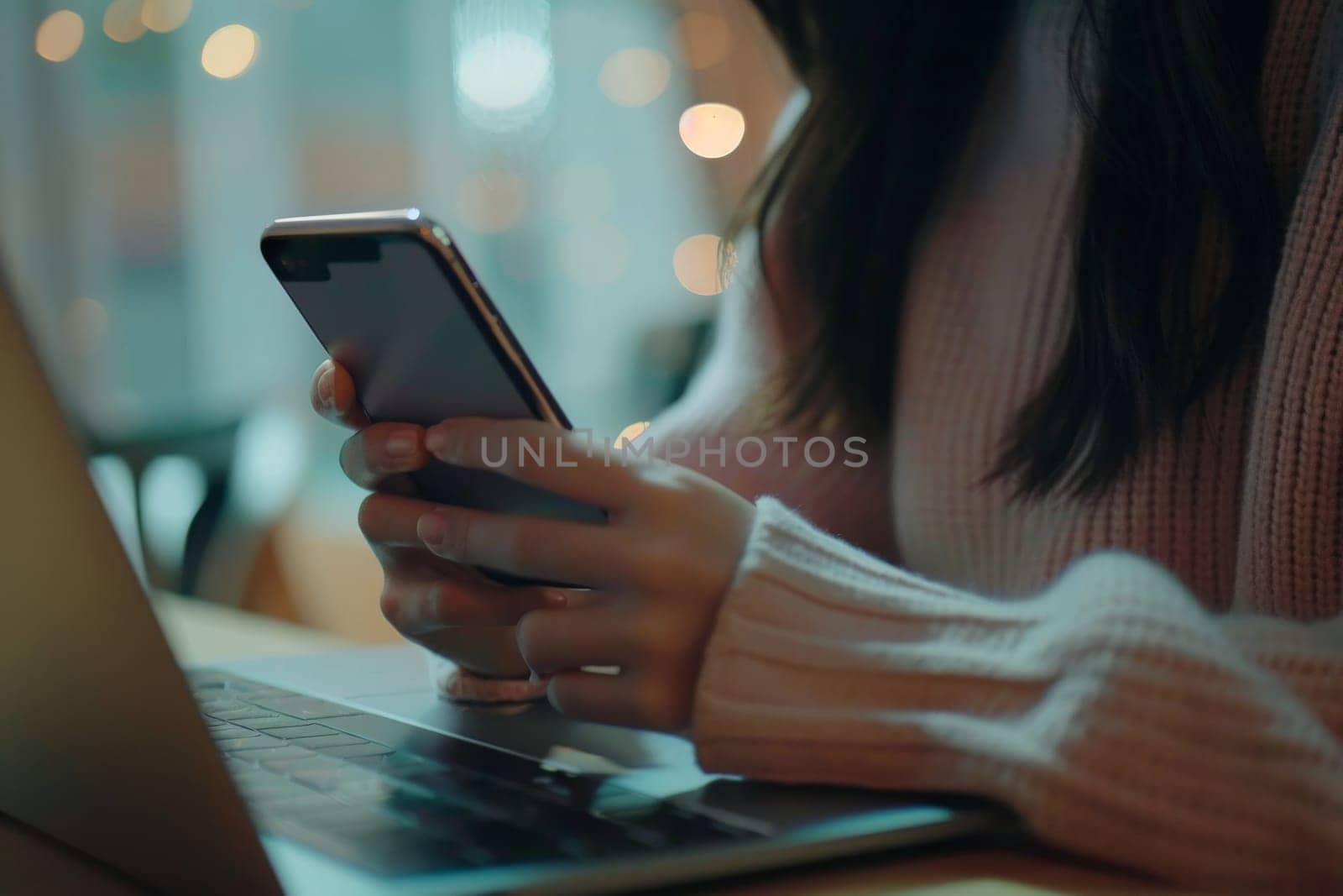 Close up of Businesswoman using smartphone while working on laptop.