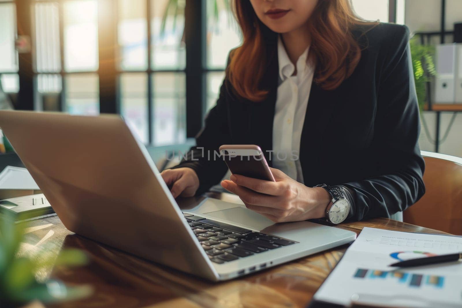 Close up of Businesswoman using smartphone while working on laptop.