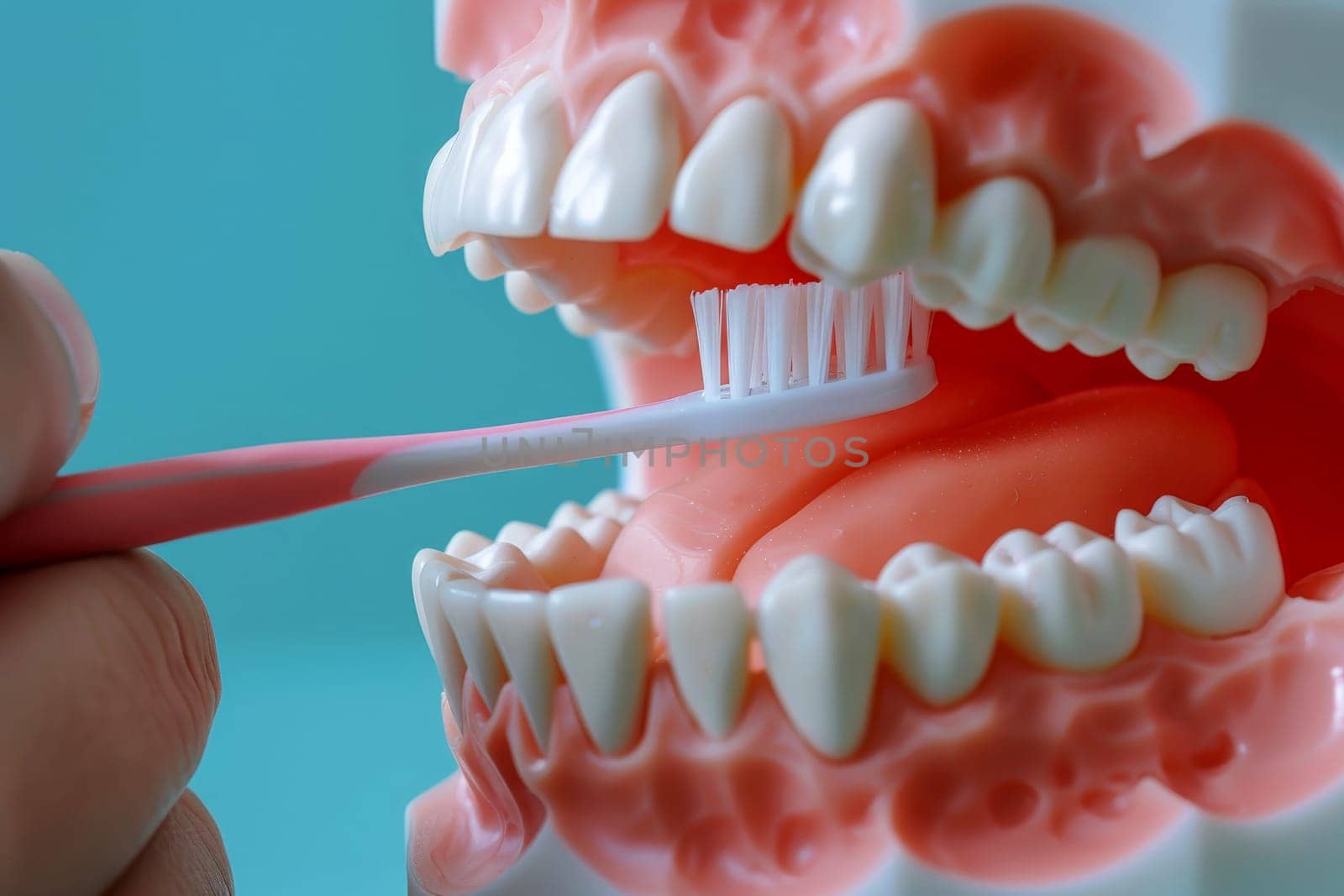 Dental jaw model with brush a concept of oral hygiene in a clean surface, Generative AI. by matamnad